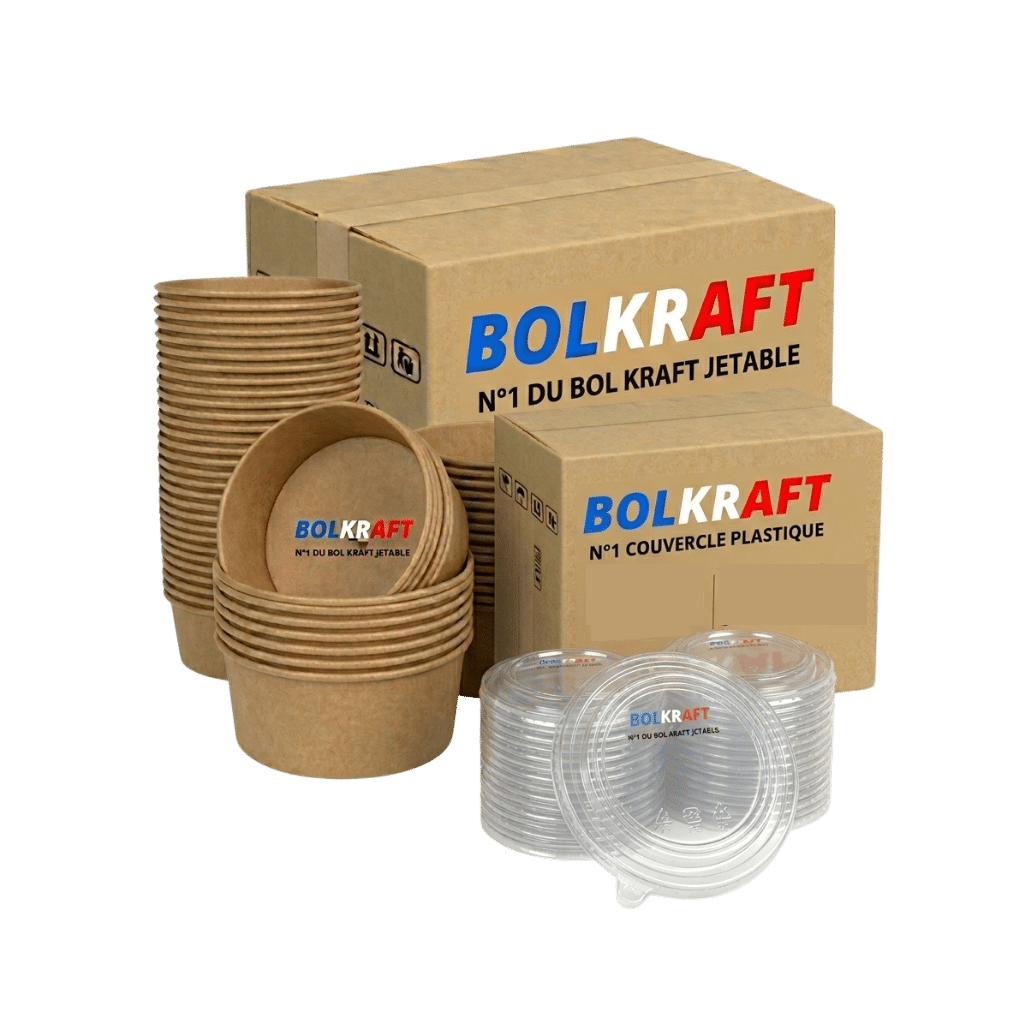 Carton de 300 bols kraft 750 ml avec couvercles inclus, pack prêt à l'emploi BolKraft