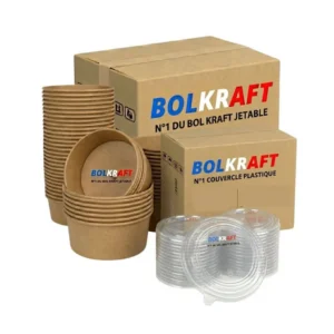 Carton de bols kraft 500 ml et couvercles plastique transparents BolKraft