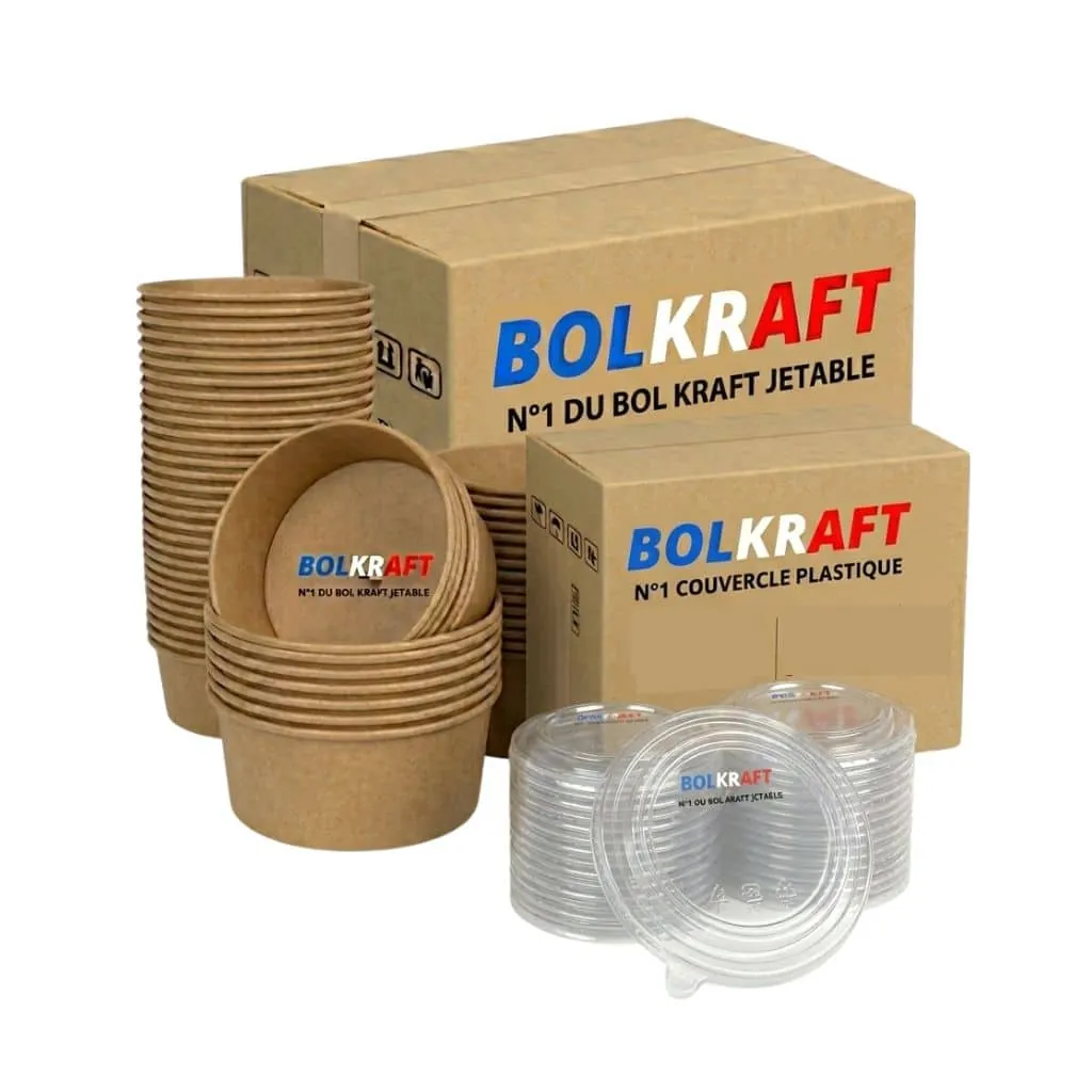 Bol kraft 750 ml et couvercle transparent - carton 300 pièces