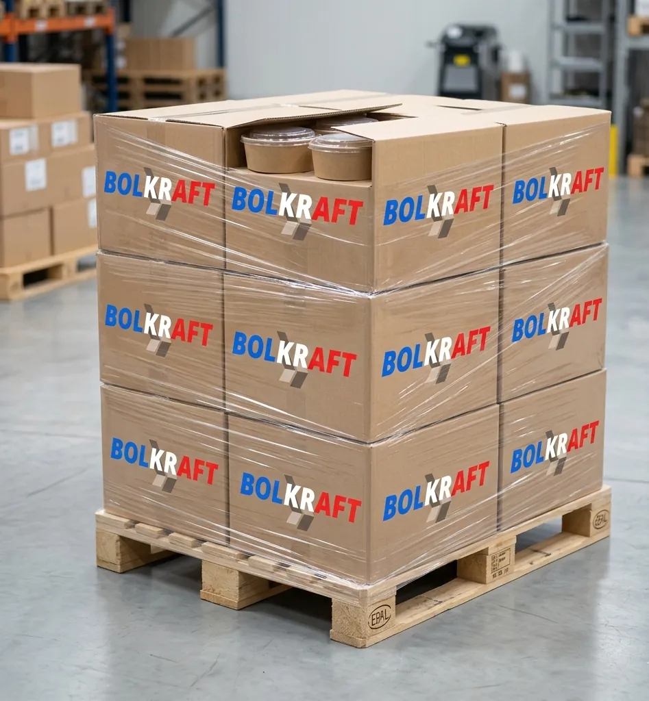 Palette de bols kraft filmée, prête à être livrée franco de port depuis notre stock de Marseille